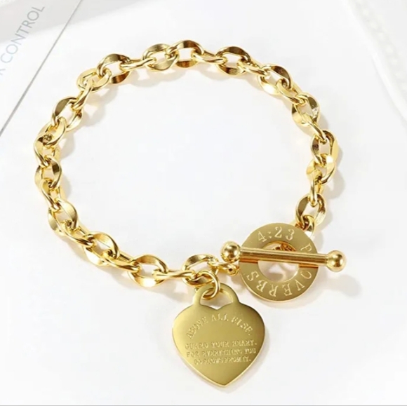 Tiffany - esque 14k Gold Heart Toggle Proverb Bracelet - Picture 2 of 5
